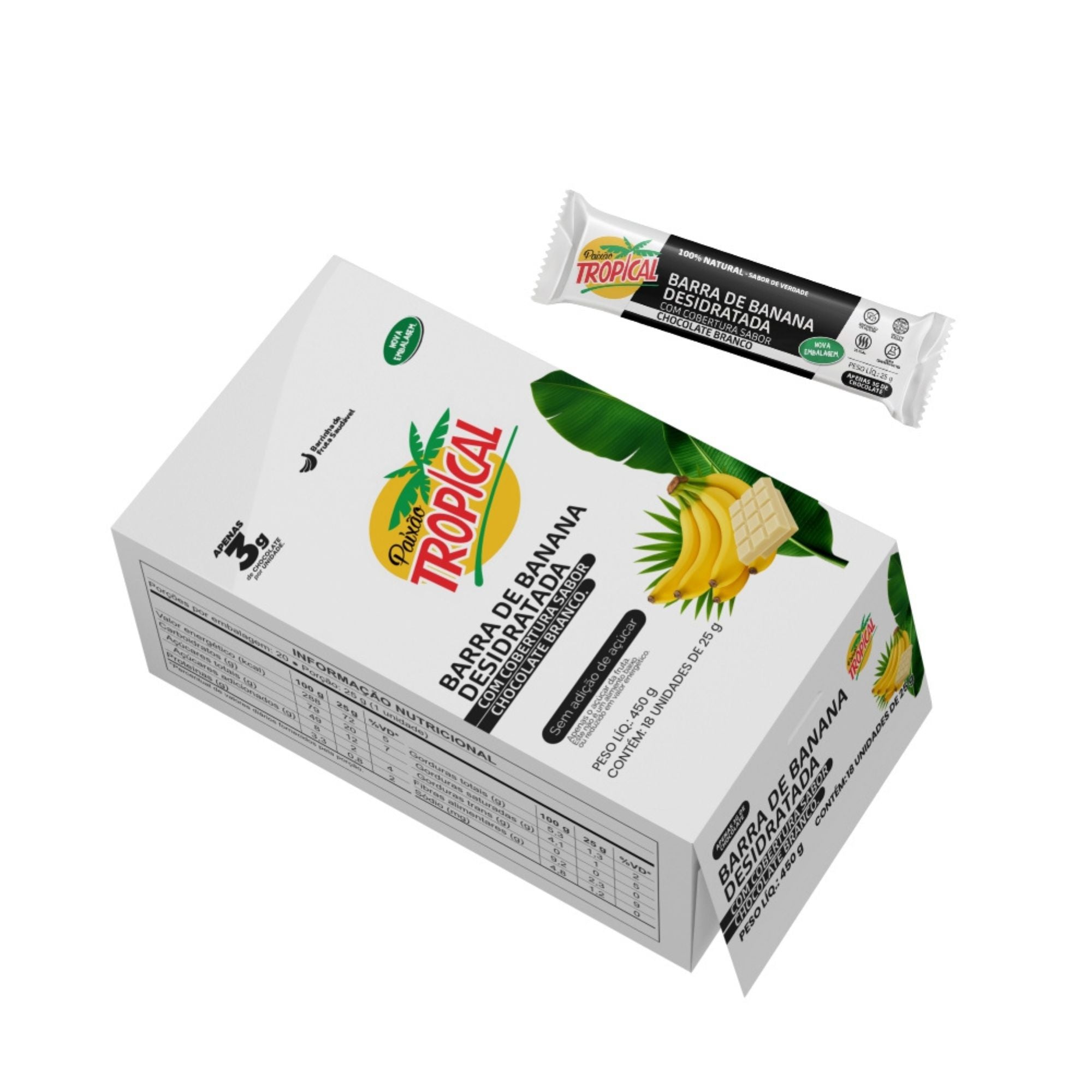 Barra de Banana e Chocolate Branco - Caixa com 18un de 25g