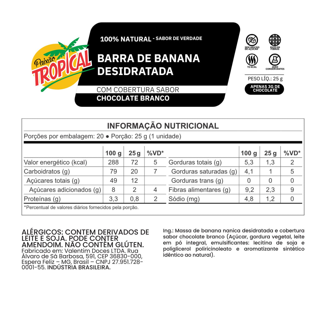 Barra de Banana e Chocolate Branco - Caixa com 18un de 25g
