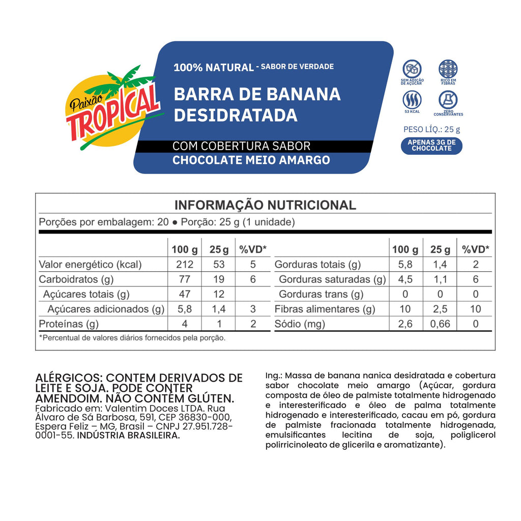 Barra de Banana e Chocolate Meio Amargo - Caixa com 18un de 25g