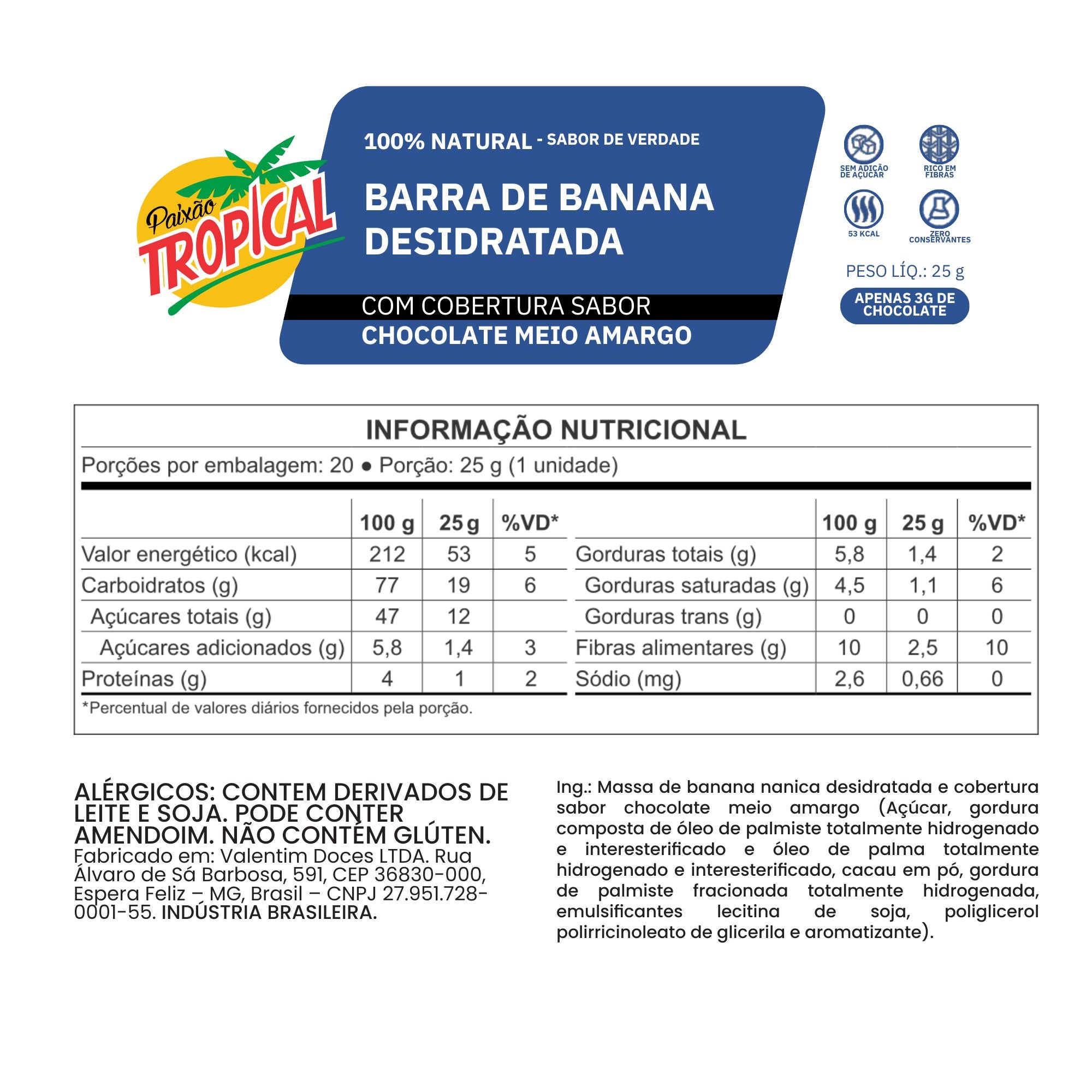 Barra de Banana e Chocolate Meio Amargo - Caixa com 18un de 25g