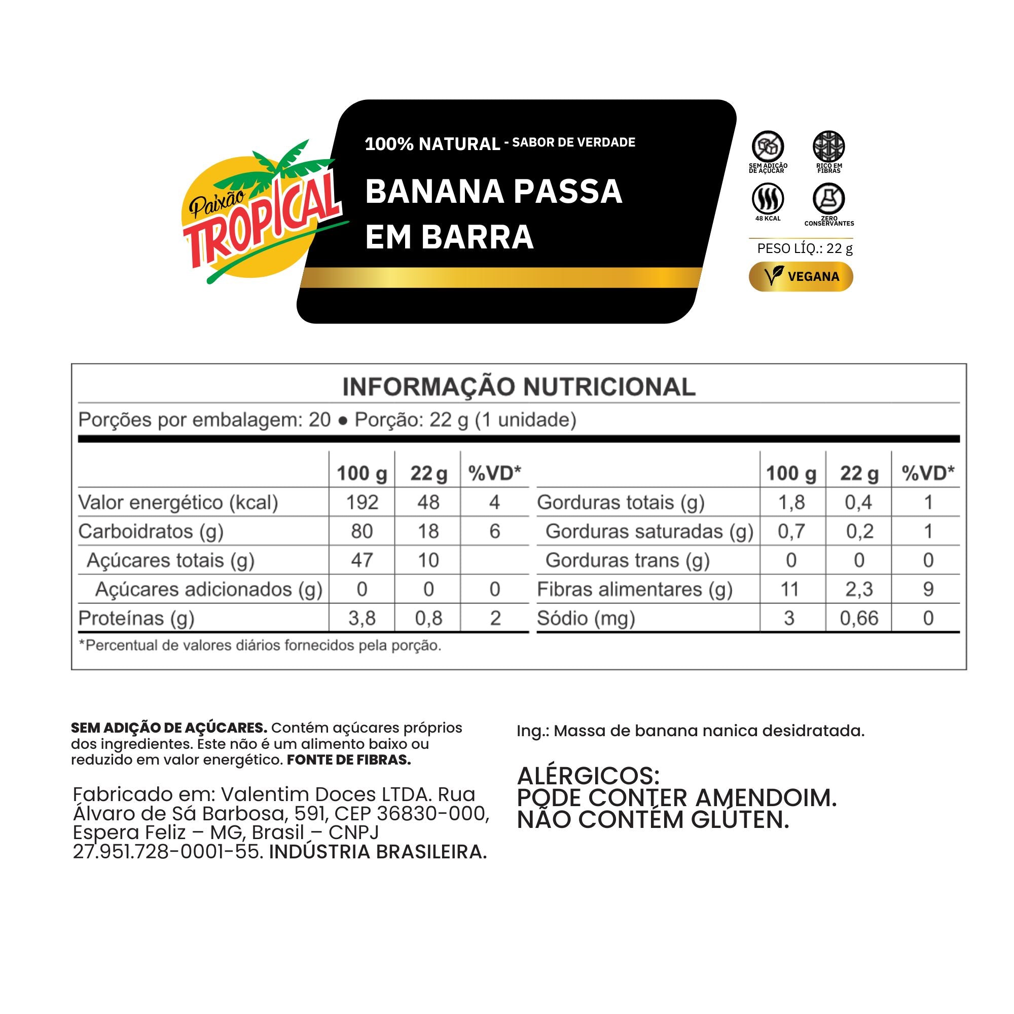 Barra de Banana Passa Vegana - Caixa com 18un de 22g