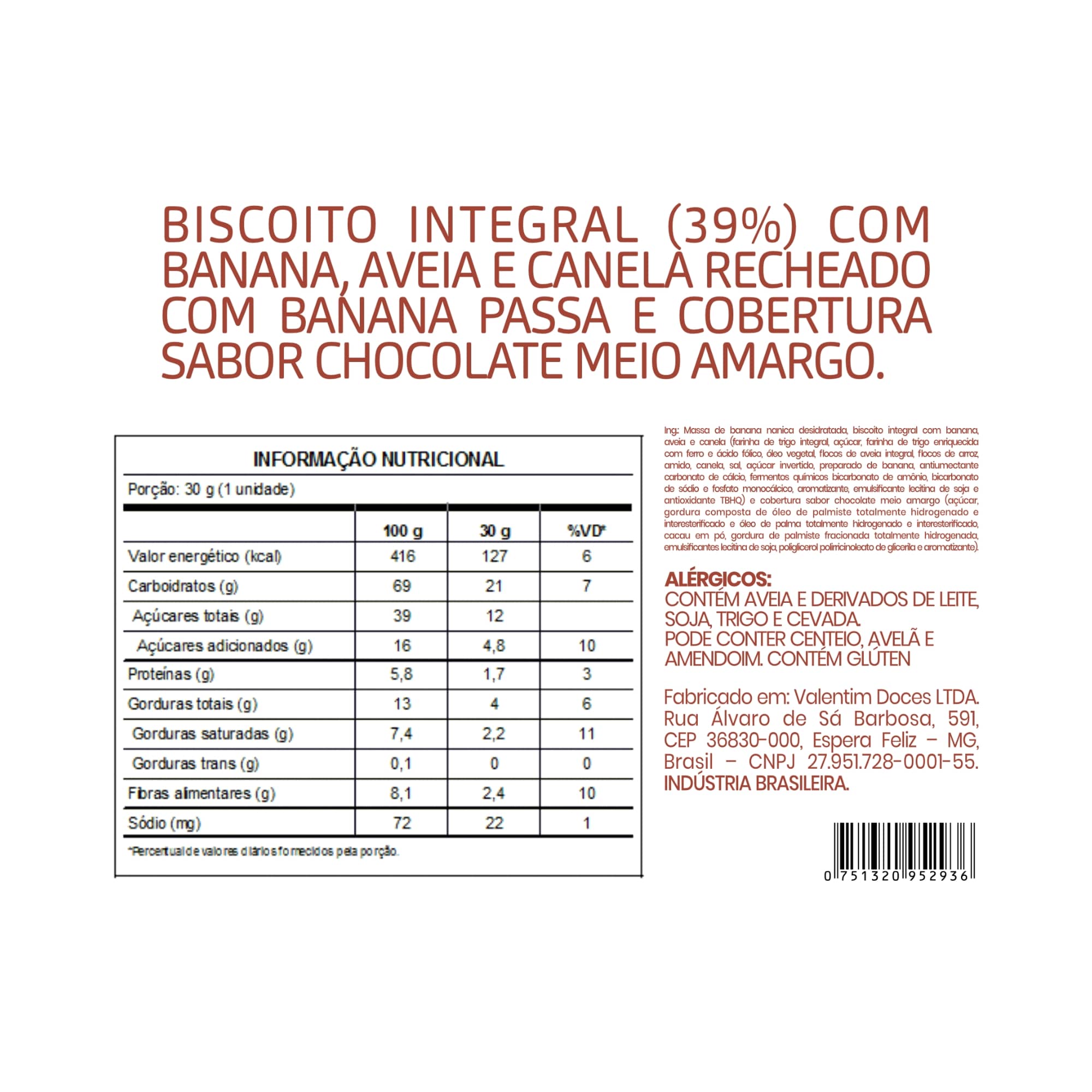 Alfajor de Banana Desidratada Aveia e Canela - Caixa com 6un de 30g