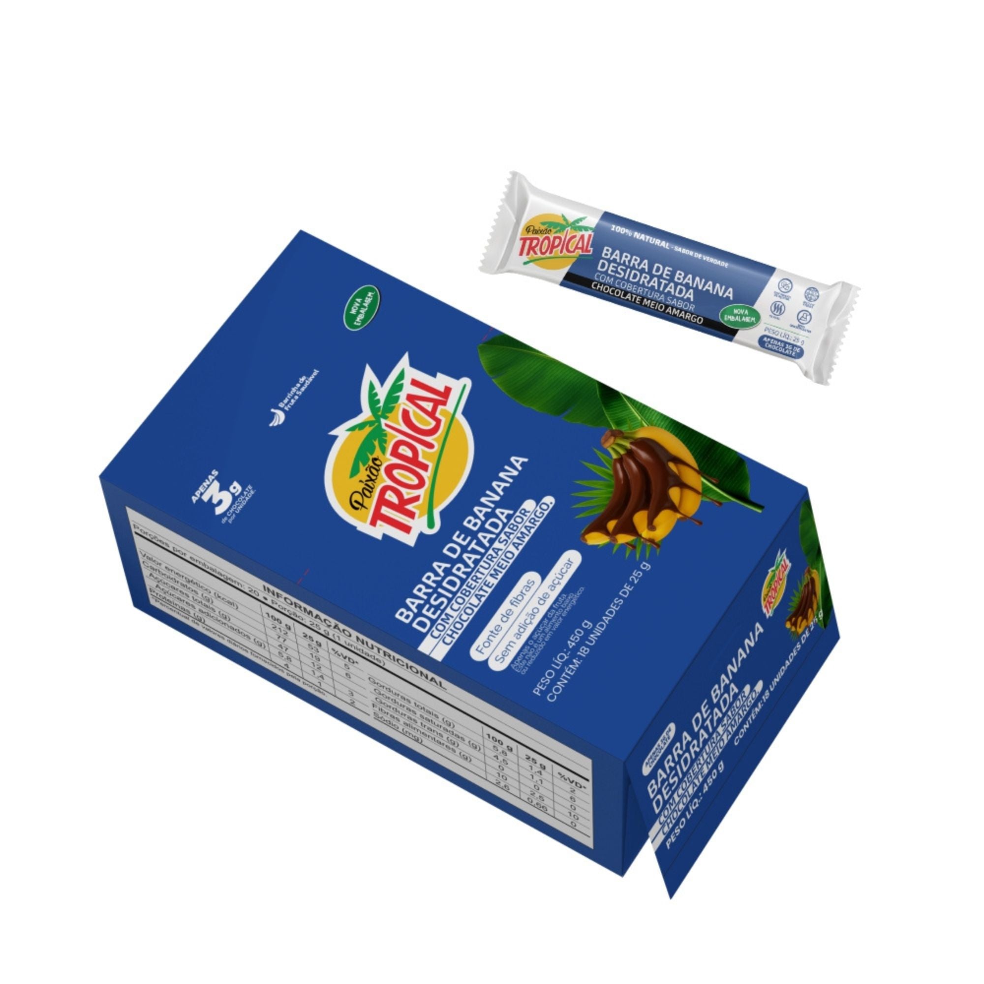 Barra de Banana e Chocolate Meio Amargo - Caixa com 18un de 25g