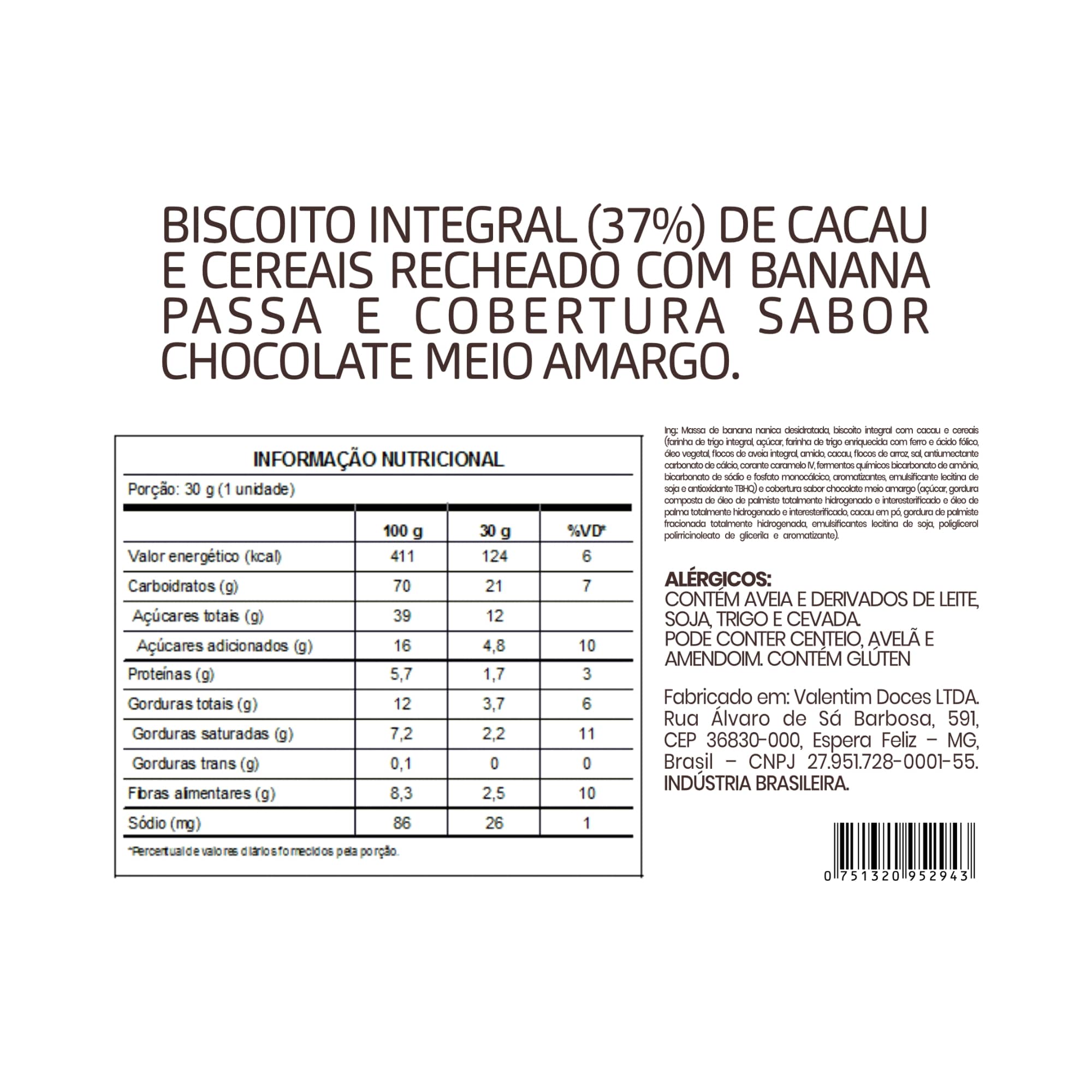 Alfajor de Banana Desidratada e Chocolate - Caixa com 6un de 30g